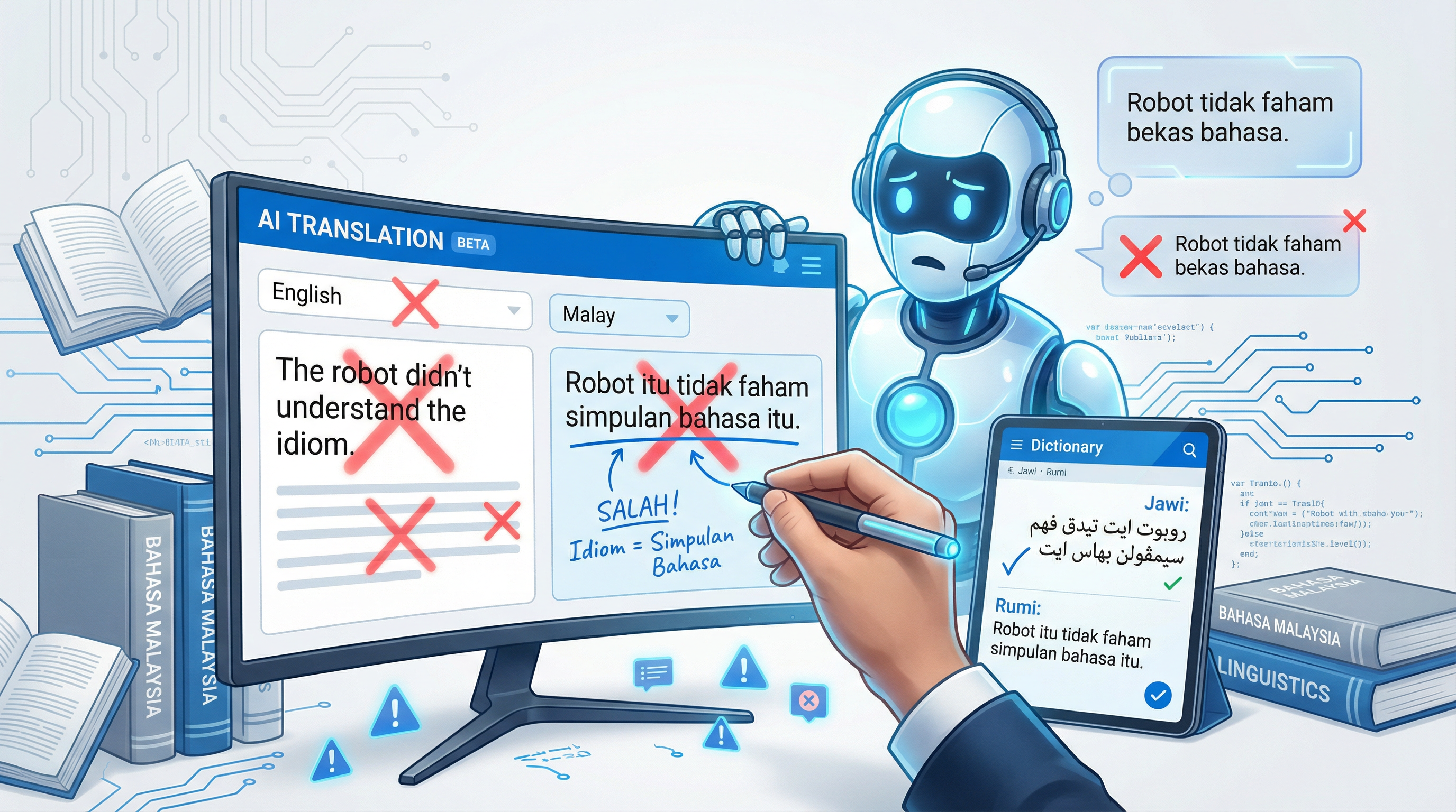 AI translation error analysis for Bahasa Malaysia showing comparison between Indonesian and Malaysian language variants