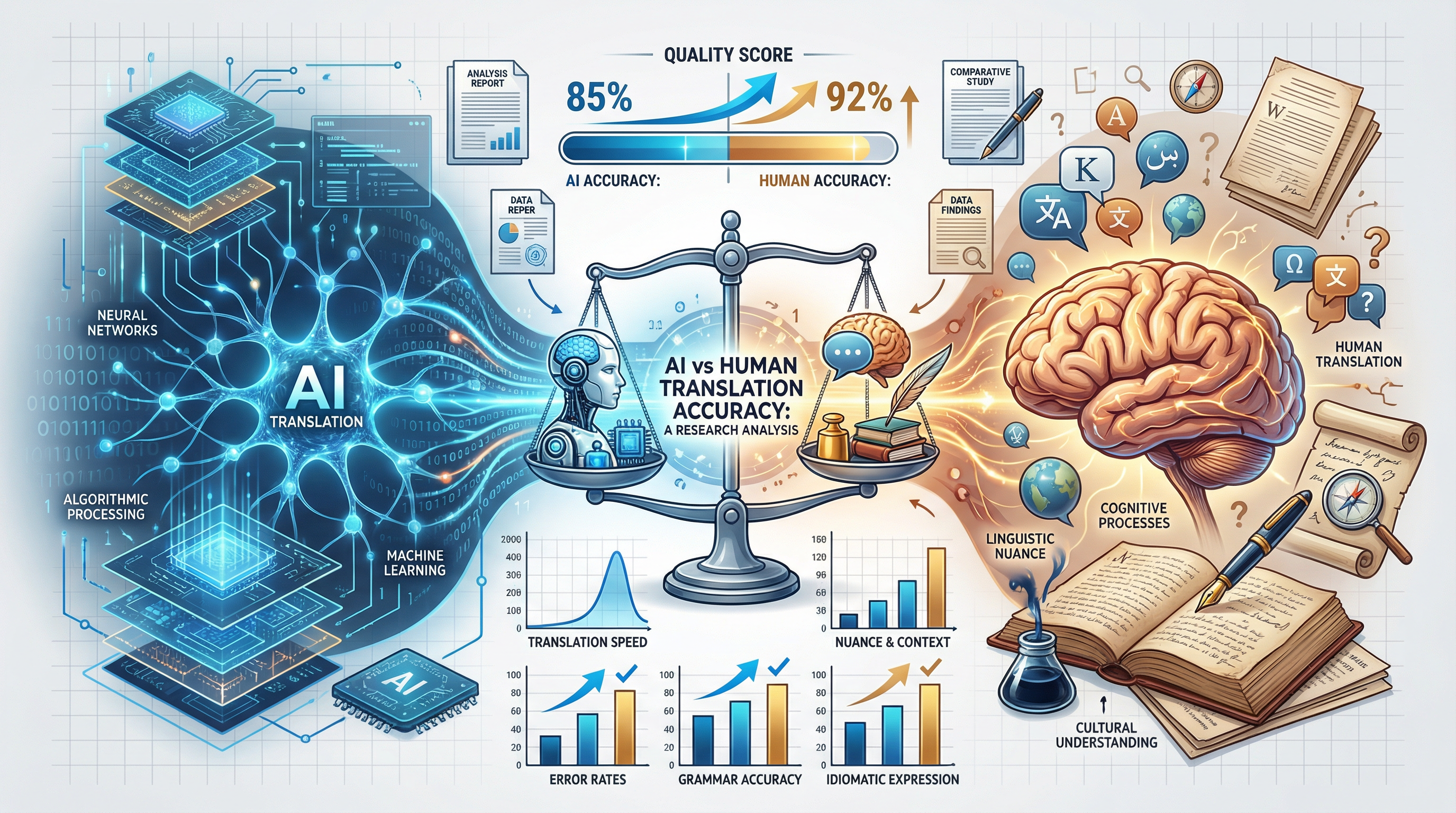 AI vs Human Translation Accuracy Research Analysis - Comparative data visualization of machine translation quality metrics and human parity studies