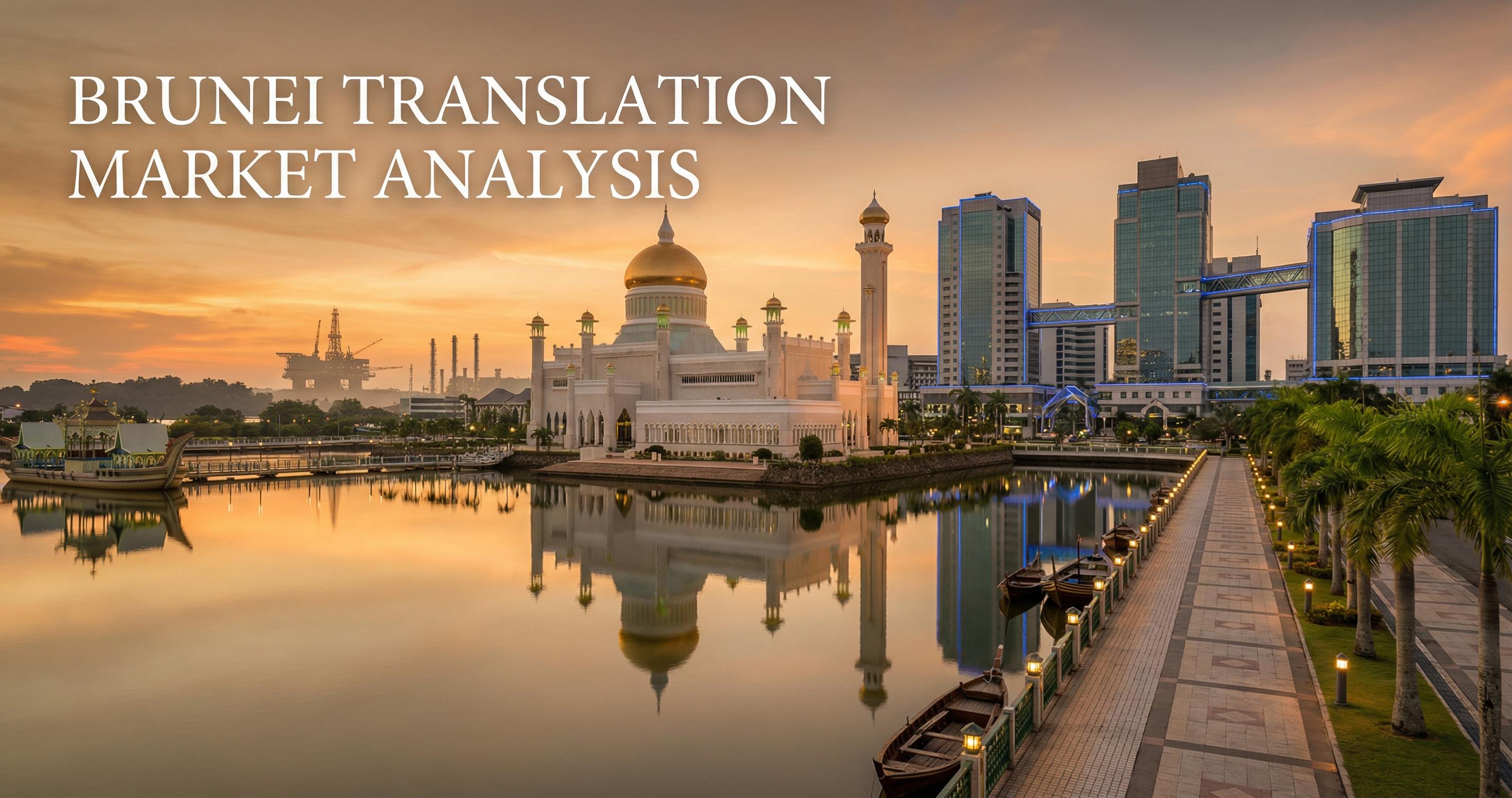 Brunei translation market analysis - Sultan Omar Ali Saifuddien Mosque representing the unique Malay Islamic Monarchy context of ASEAN's smallest but highest-income translation market