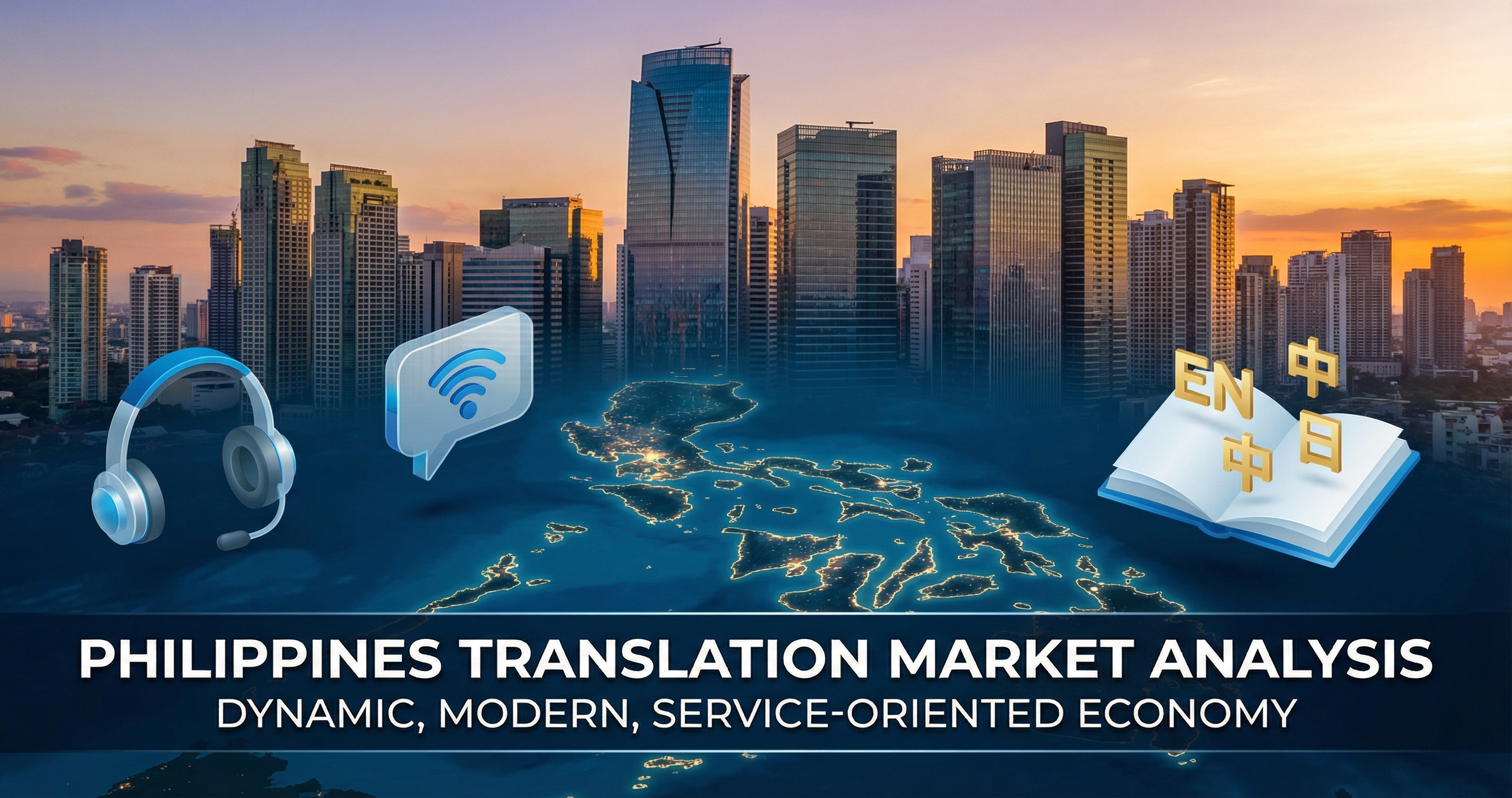 Philippines translation market analysis - Manila skyline representing the PHP 8-12 billion language services industry